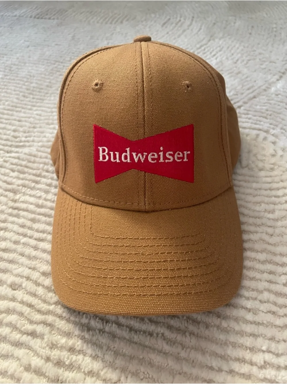 Budweiser Men's Tan Canvas Snap Back Cap with Red Logo